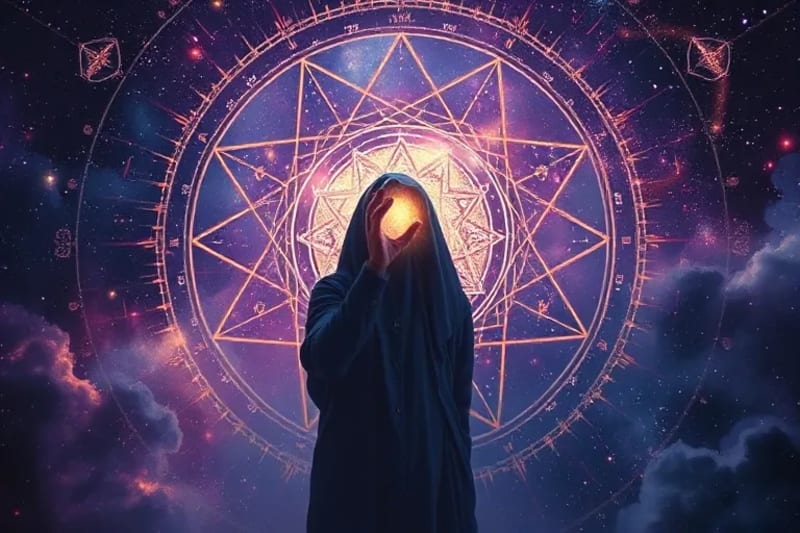 A surreal painting of astrological symbols merging with psychological archetypes, a veiled figure reaching for integration.