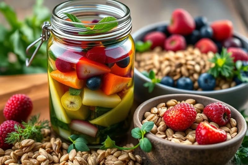 Variedad de alimentos fermentados y ricos en fibra, como chucrut, bayas y granos enteros, dispuestos artísticamente.