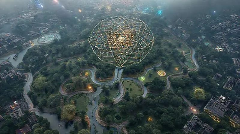 Vista aérea de un parque urbano con patrones de energía geománticos superpuestos, mostrando la integración de la naturaleza y el diseño urbano para optimizar el flujo de chi.