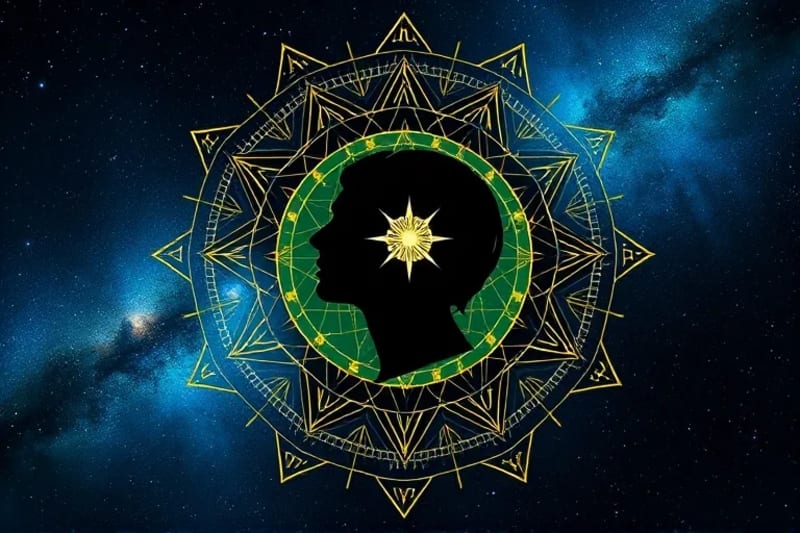 A minimalist vector art of a human silhouette with geometric shapes connecting to astrological and archetypal symbols, converging at a central illuminated point.