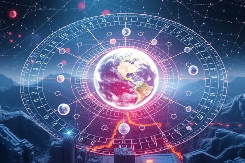 Representación abstracta de estructuras cristalinas interconectadas que simbolizan las influencias planetarias sobre los patrones climáticos urbanos, con efectos visuales de fenómenos meteorológicos.