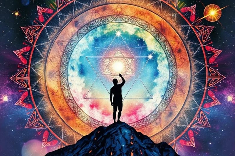 Artistic representation of a human figure reaching towards a star-filled sky