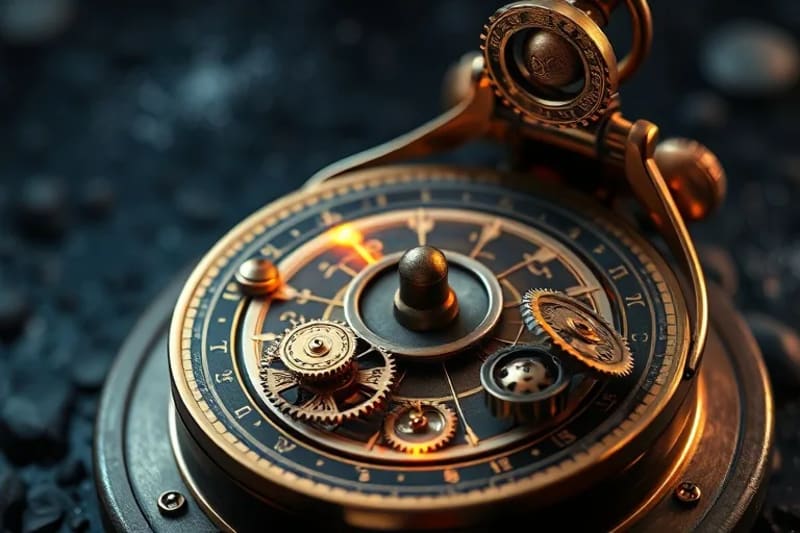 Detailed 3D render of an antique astrolabe with a holographic birth chart projection