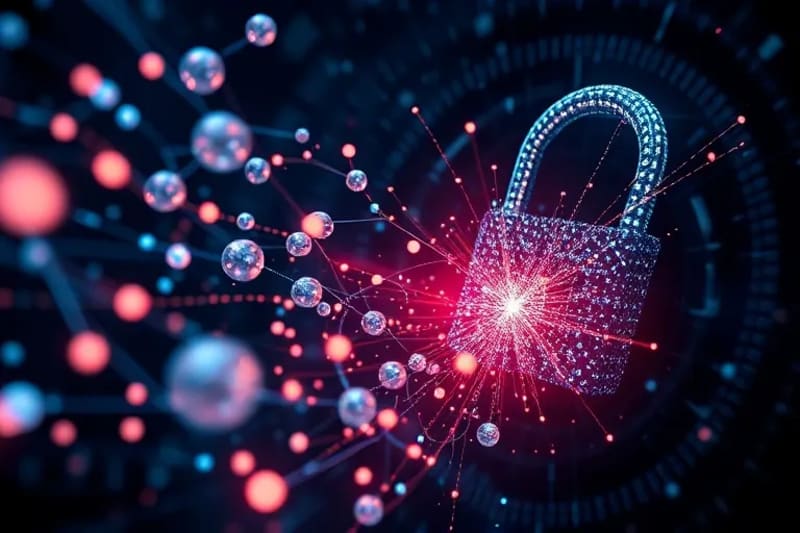 Representación abstracta de un sistema de computación cuántica, con qubits entrelazados y haces de luz, simbolizando la capacidad de romper cifrados actuales y la necesidad de criptografía post-cuántica.