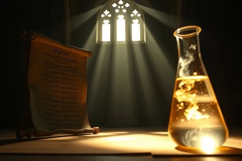 Pergamino antiguo con símbolos religiosos y un moderno vaso de precipitados con líquido brillante, simbolizando la interacción entre la fe histórica y la investigación científica.