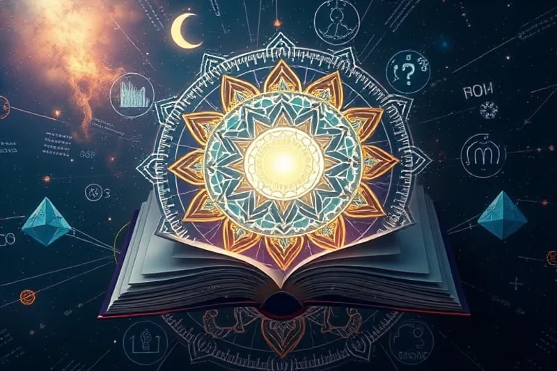 Digital book transforming into data streams and ancient symbols
