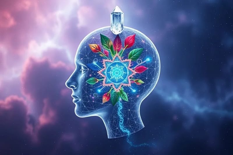 Stylized human head revealing gears and blossoming plants