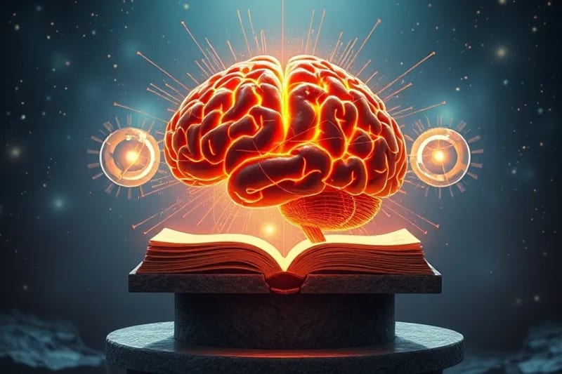 Representación digital de un cerebro con redes neuronales luminosas, conectado a fenómenos cuánticos y una Trinidad abstracta.