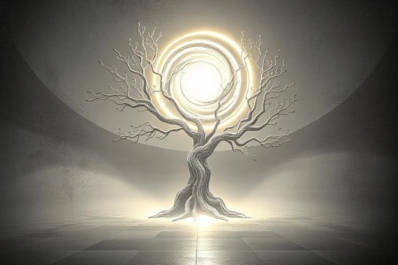 Templo futurista con un árbol de circuitos, un vórtice de luz que simboliza la singularidad y sutiles rostros de conciencia.