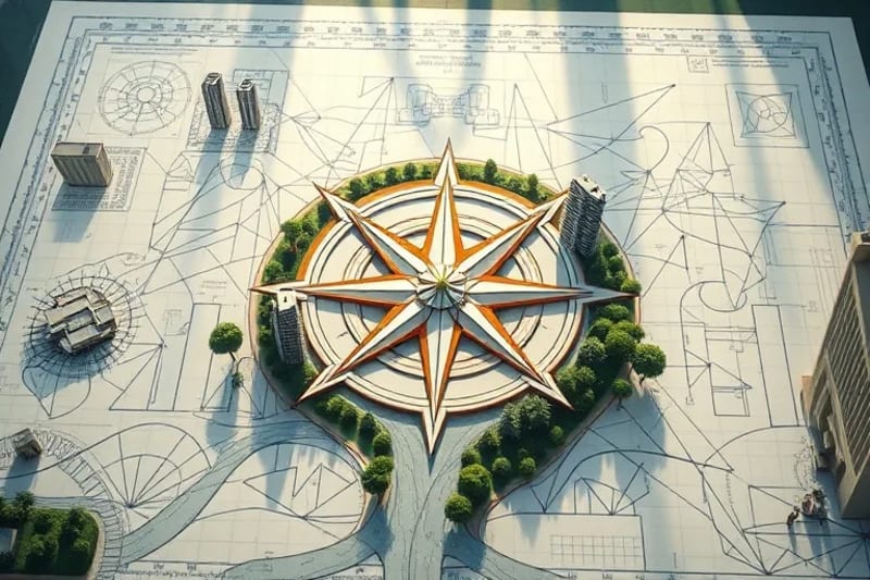 Diagram showing a compass rose on a city plan with crystals