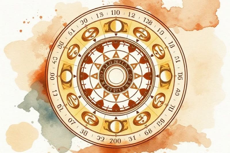 Stylized Mesoamerican calendar wheel with lunar phases and glyphs.