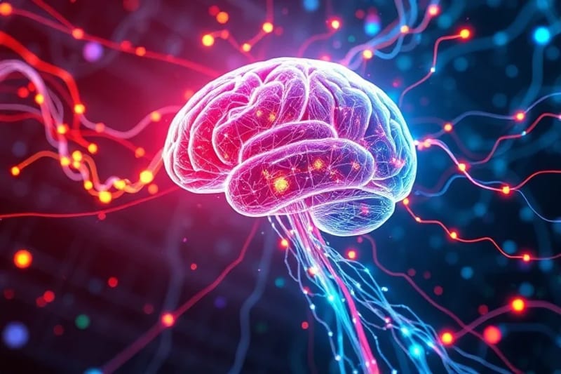 Flujos de datos y vías neuronales formando una conciencia expandida e integrada con redes digitales.