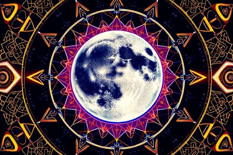 Abstract 3D render of cosmic threads and geometric patterns around a lunar sphere.