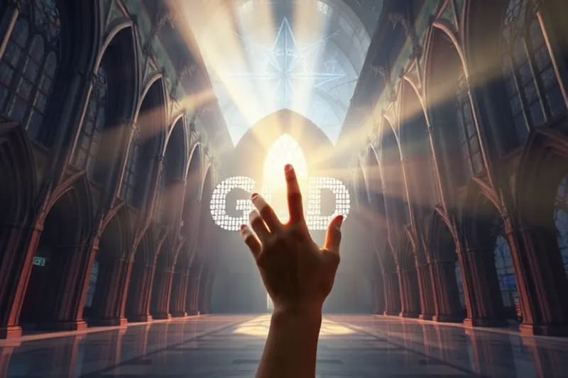 Una mano humana tocando una proyección holográfica de un texto sagrado, fusionando la fe con el código binario y la luz digital.