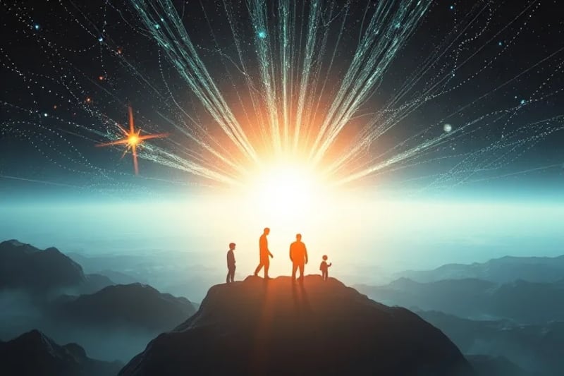 Siluetas de figuras humanas emergiendo de una red de datos luminosos y vías neurales, en un vasto entorno cósmico que representa la evolución de la conciencia.