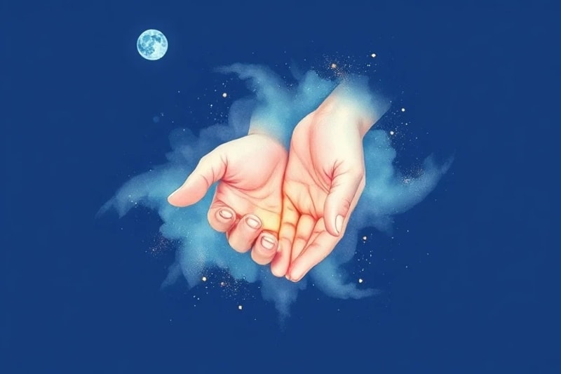 Abstract watercolor of two hands reaching out, surrounded by cosmic dust and faint planetary outlines