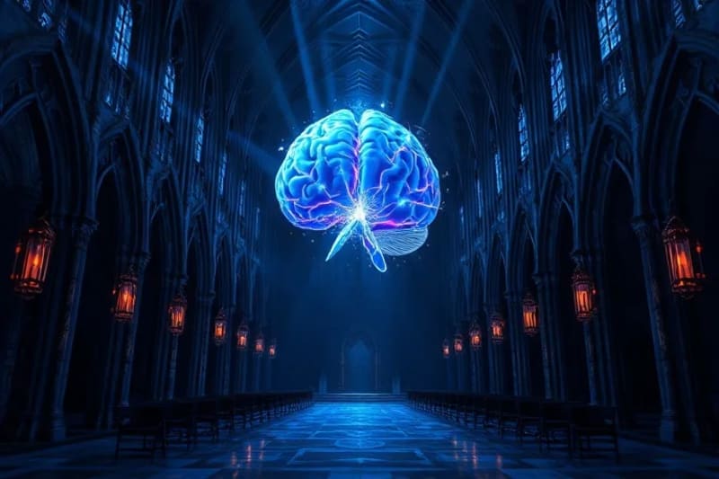 Representación digital de cerebro humano fusionándose con red neuronal
