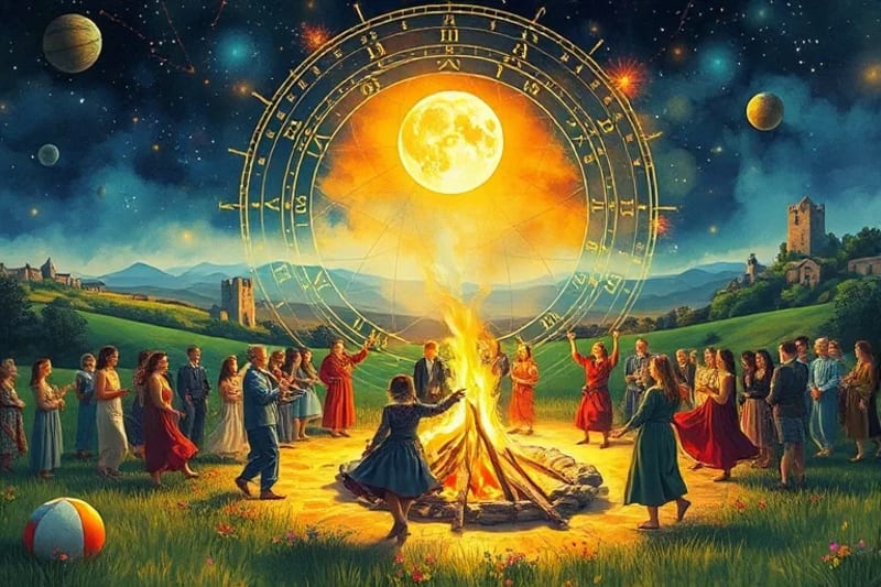 Comunidad celta celebrando un festival solar con danzas y hogueras, bajo un sol radiante de acuarela.