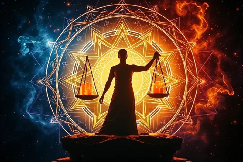 Abstract representation of justice scales, data blocks, and a human silhouette, surrounded by a vortex of ethical dilemmas.