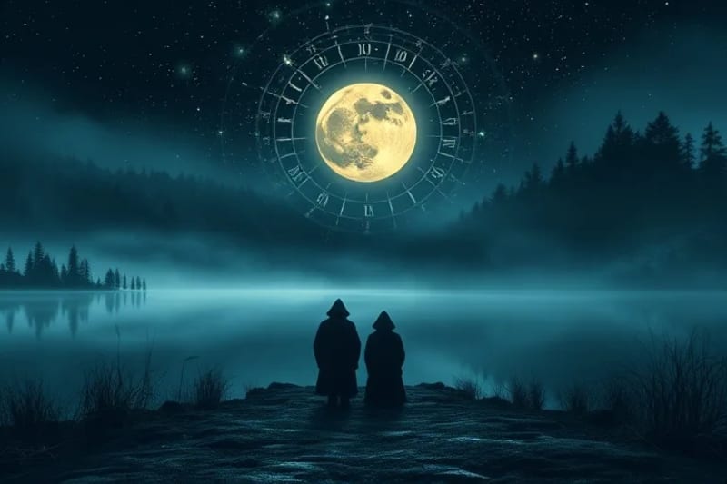 Ritual nocturno junto a un lago, bajo una luna llena que ilumina figuras en contemplación, evocando misterio y conexión espiritual.