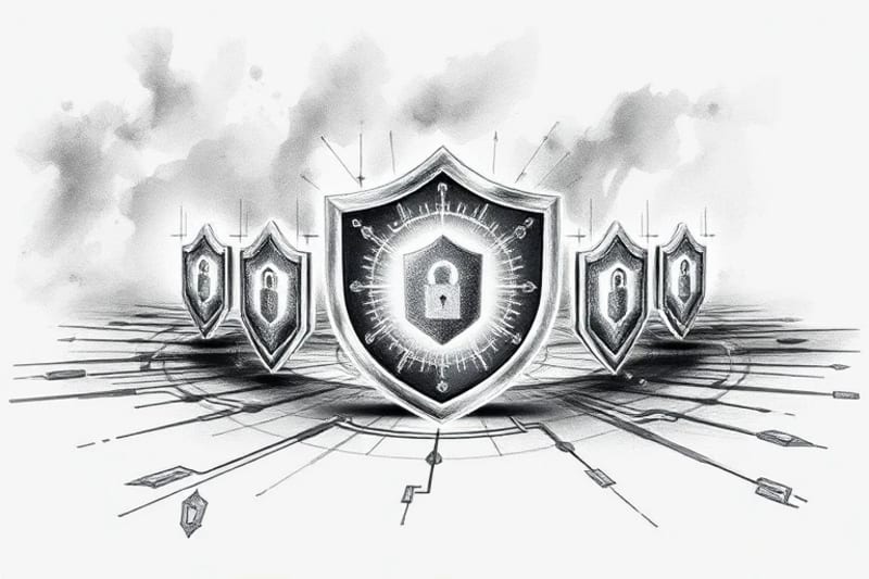 Render 3D de escudos y firewalls interconectados protegiendo una esfera de datos brillante, con patrones digitales que representan cifrado y defensa impulsada por IA.