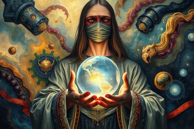 Classical oil painting of an ancient oracle figure with data cables woven into robes, hands reaching to a crystal ball reflecting algorithms.