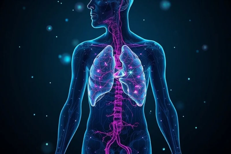 Silueta humana con microplásticos integrados en órganos y torrente sanguíneo, ilustrando la contaminación interna