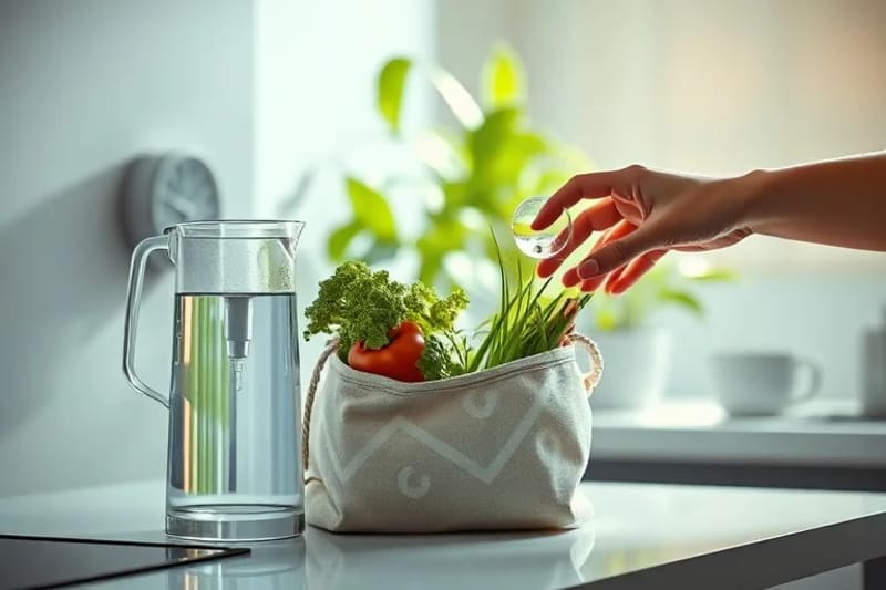 Cocina limpia con filtro de agua y verduras orgánicas, simbolizando estrategias de biohacking para la salud