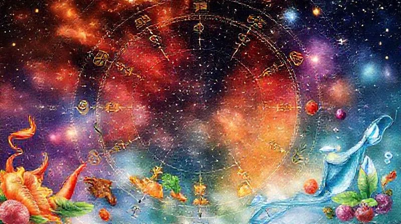 Ilustración de ingredientes culinarios agrupados por elementos zodiacales: fuego, tierra, aire y agua, con cristales energéticos.