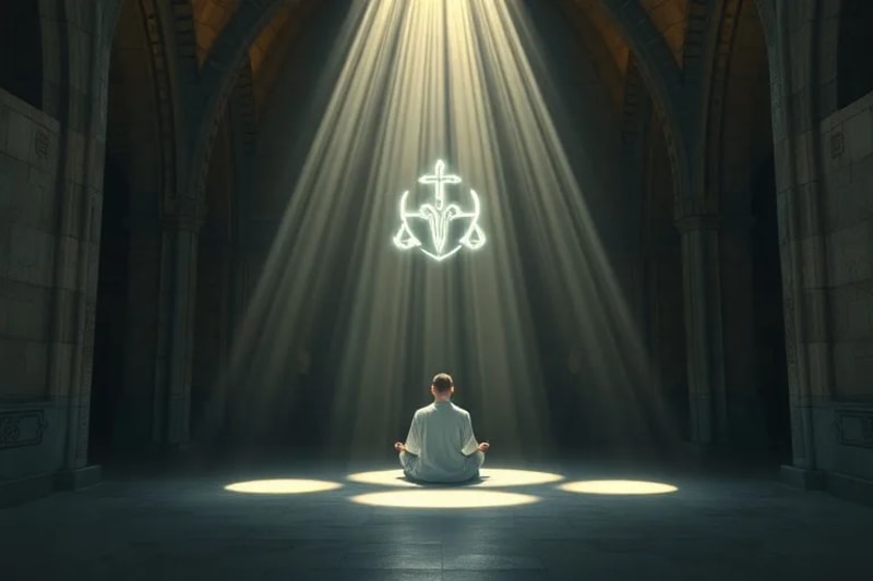 Escudo de luz con símbolos sagrados alrededor de un ermitaño moderno meditando