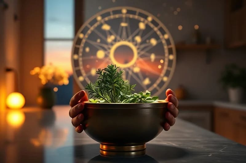 Representación 3D de un espacio de cocina sereno, con manos preparando alimentos, rodeado de cristales y un cuenco tibetano, emitiendo ondas de sonido sutiles.