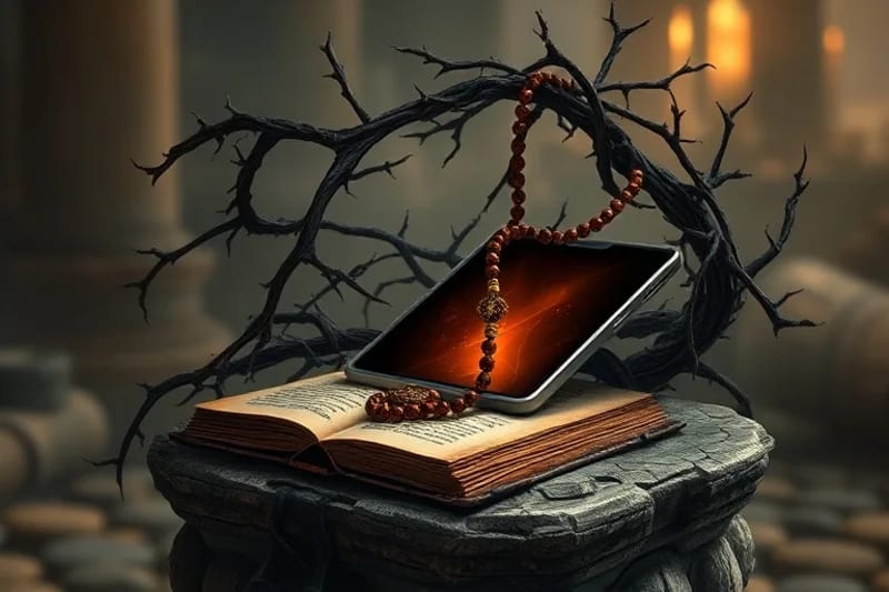 Naturaleza muerta digital que representa la lucha contra la adicción, con un rosario sobre un teléfono.