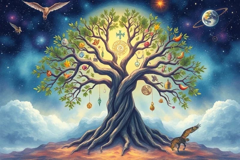Representación artística de un árbol de la vida con raíces profundas y ramas que alcanzan el cielo, simbolizando la interconexión de toda la vida.