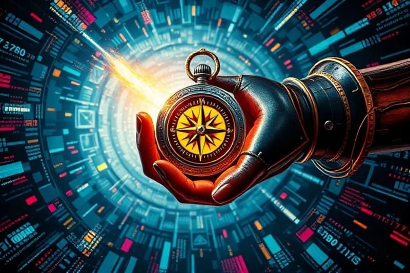 Mano etérea sosteniendo una brújula brillante entre flujos de datos caóticos, simbolizando el discernimiento en la era digital.