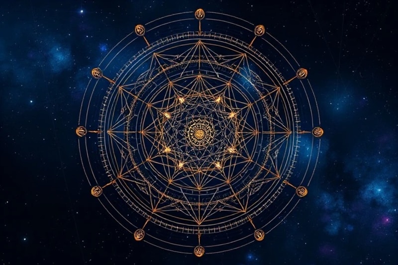 Digital painting of an abstract composite chart with intertwining astrological symbols and a glowing nodal axis.