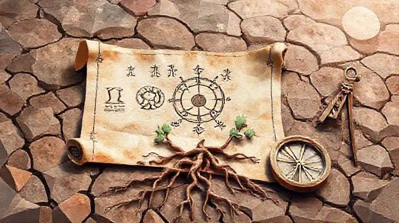 Watercolor illustration of an ancient scroll, intertwined roots, and an antique compass, symbolizing karmic journey and destiny.