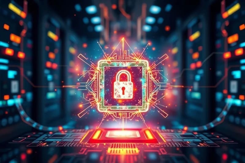 Conceptual image of a quantum computer chip, symbolizing advanced hardware for post-quantum security.