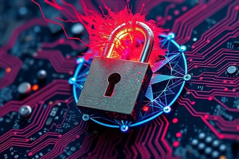 Abstract vector art illustrating the quantum threat breaking through old security and a new, robust post-quantum shield protecting data.