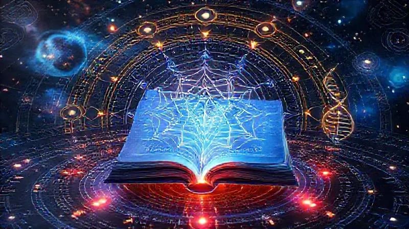 Bodegón conceptual de un libro etéreo abierto sobre una interfaz digital, rodeado de proyecciones holográficas de órbitas planetarias y ADN, simbolizando la fusión de registros ancestrales y tecnología.