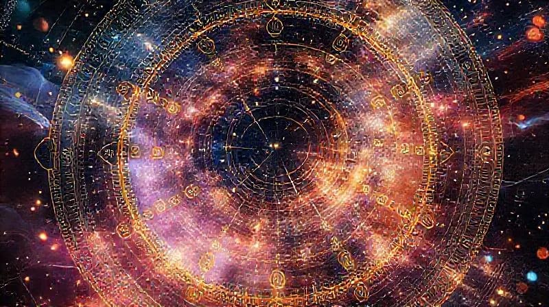 Pintura abstracta de ciencia ficción que representa un vórtice dinámico de luz y datos en un entorno de metaverso, simbolizando la disolución y reconfiguración de patrones ancestrales.