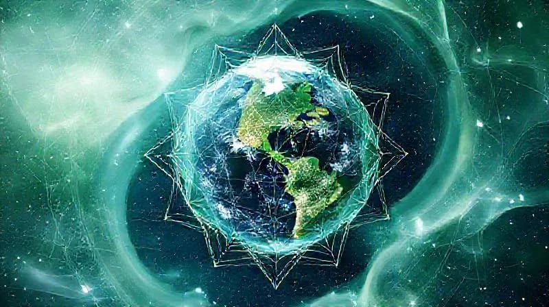 Abstract digital painting of Earth enveloped in a harmonious aura of interconnected energy lines and geometric patterns, symbolizing planetary well-being and energetic balance.