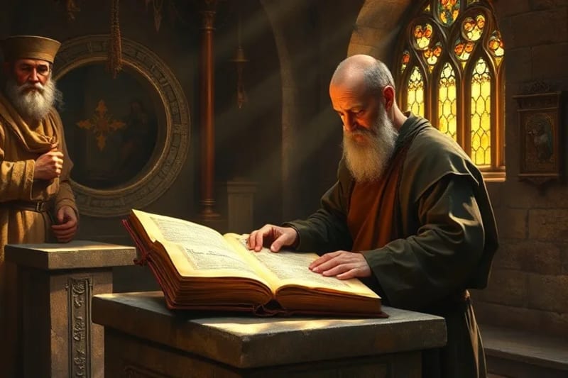 Monje medieval examinando un manuscrito antiguo en una biblioteca