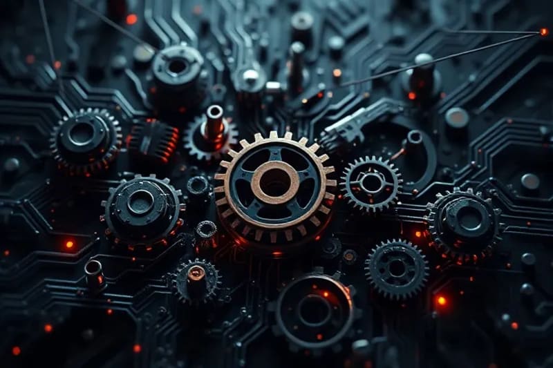 3D render of broken and misaligned gears and circuits, symbolizing challenges in AI integration.