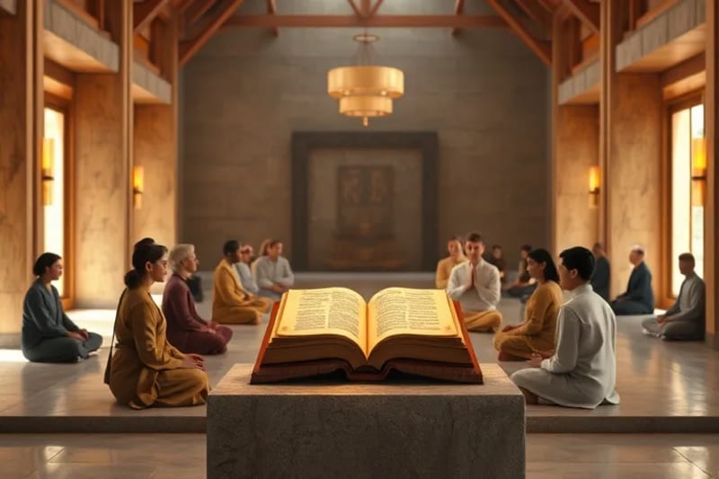 Grupo de personas en meditación silenciosa en un espacio urbano de retiro