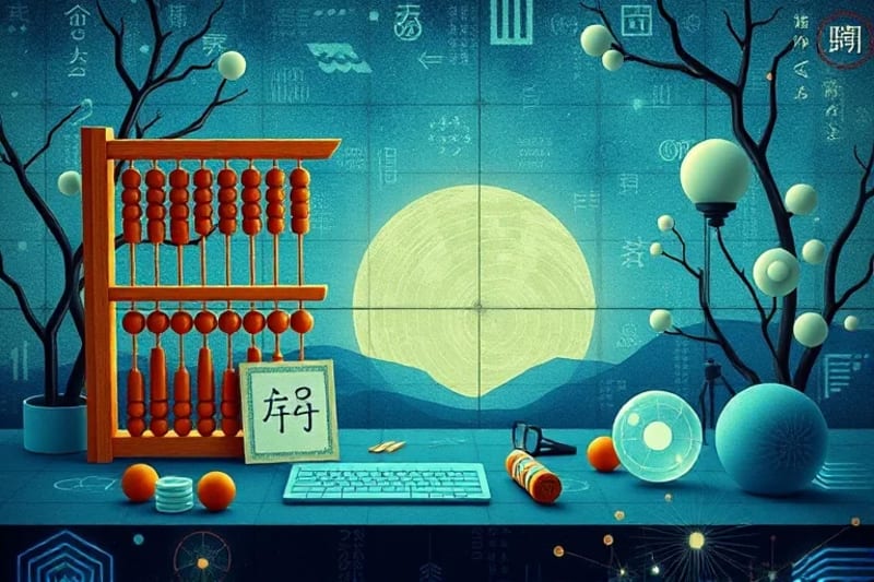 Abstract geometric shapes and neural network nodes intertwining with ancient Greek mathematical symbols, representing the evolution of logic from abacus to AI.