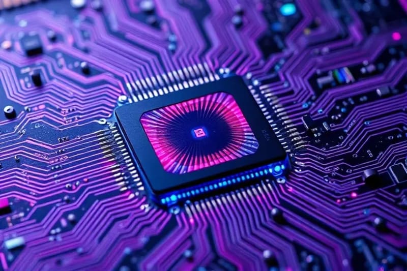 Futuristic quantum processor with swirling energy, showing a faint outline of an abacus in the background, symbolizing foundational computing principles.