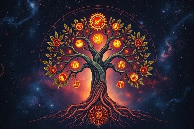Stylized family tree with roots extending into a swirling vortex, symbolizing ancestral patterns and the journey towards healing.
