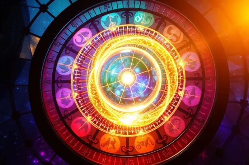 Abstract representation of personal time cycles, with a spiraling golden thread intersecting translucent ancestral lines, symbolizing healing.