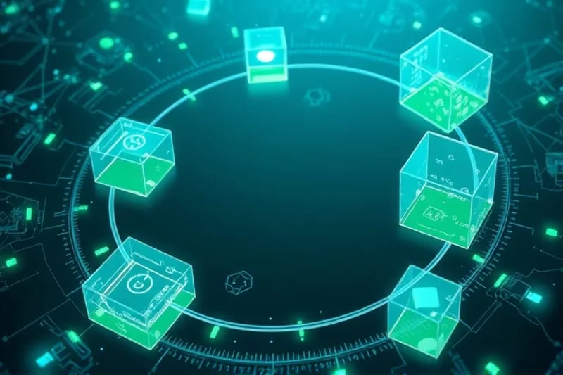 Diagrama vectorial de una cadena de suministro transparente con cajas interconectadas y símbolos de blockchain.