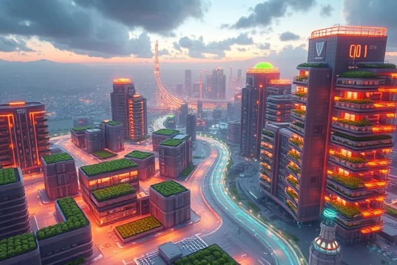 Render 3D de una ciudad modular futurista donde los residuos se transforman en recursos, simbolizando la regeneración.